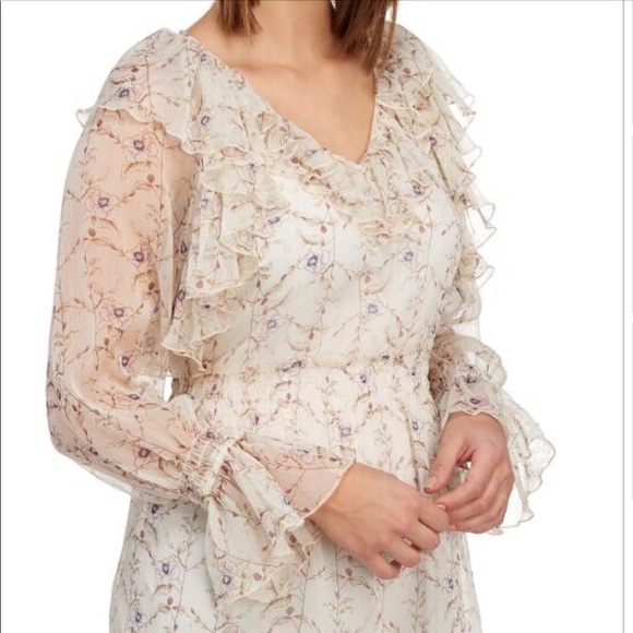 V Cristina Tops - V Cristina Cottage Core Womens Ruffle Blouse Beige Floral Sheer